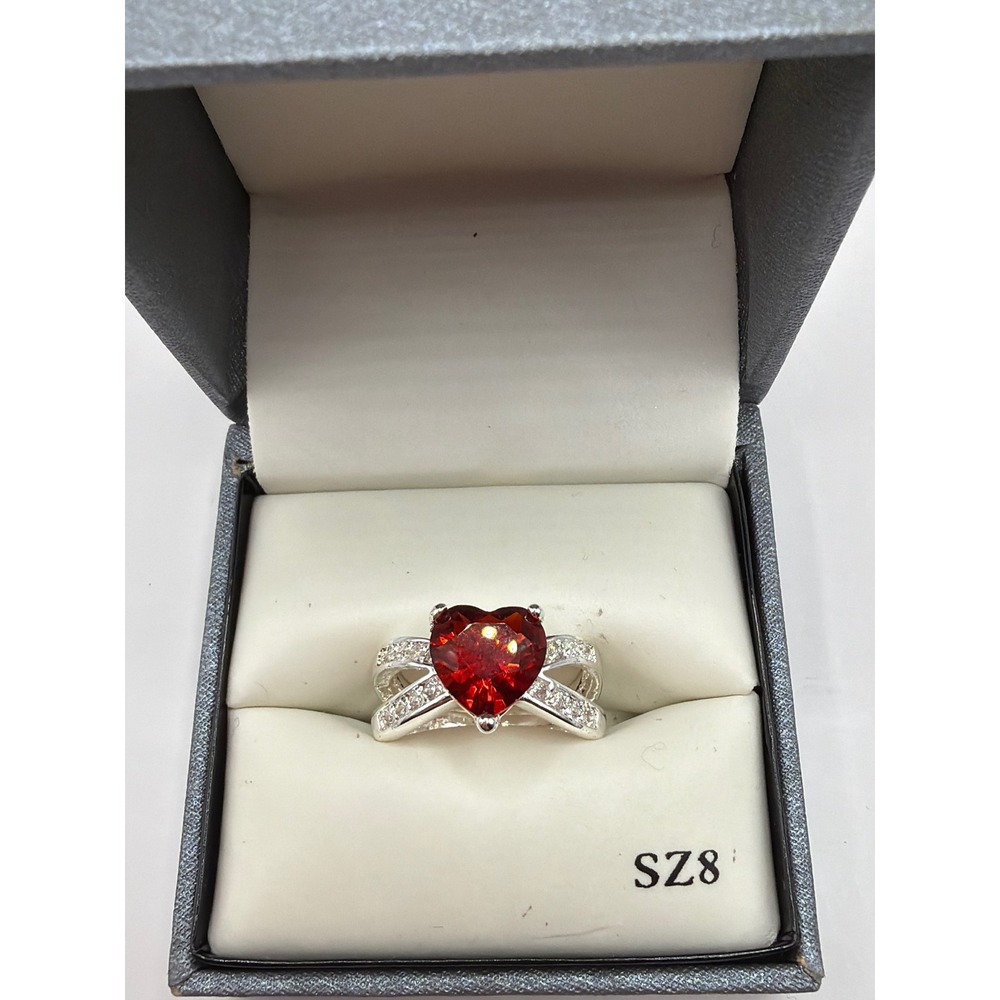 NIB New Directions Red Heart Faux Garnet Silver Tone Crisscross Ring Size 8